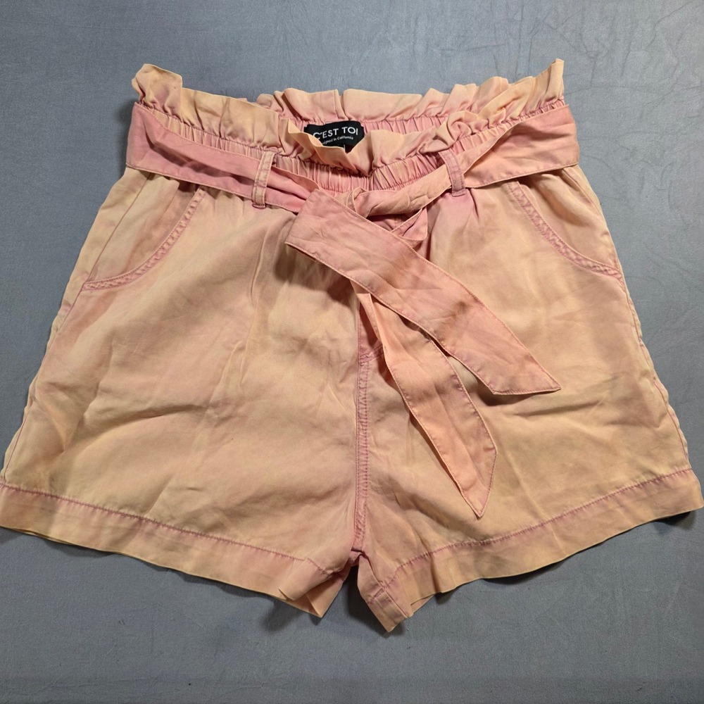 C'est Toi Womens Peach Pink Acid Wash Paperbag Waist Shorts Small Tie Belt